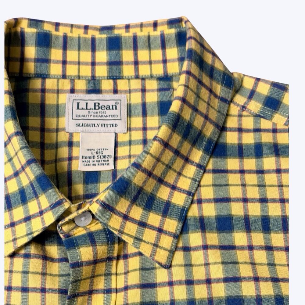 LL Bean Men's Flannel Shirt Yellow Plaid Long Sleeve Slightly Fitted Size Large‎